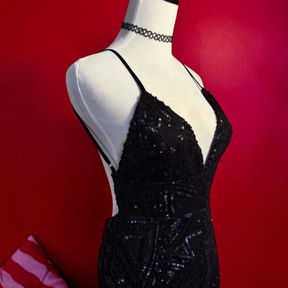Black Sequin Spaghetti Strap Jumpsuit